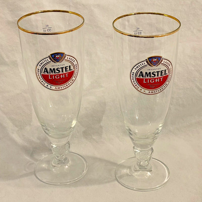 2 Amstel Light Beer Glasses Gold Band Chalice and Detailed Stem 8  H 33 CL