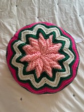 Vtg 70s Crochet Round Throw Pillow Flower Handmade 14" Boho Retro Chevron