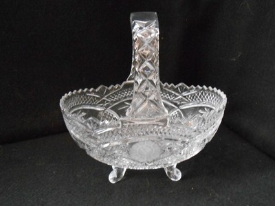 Cut Crystal Basket Bowl Handle Frosted Pineapple/ Crosscuts/Saw tooth Edge