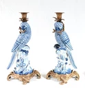 Parrot Candlesticks French Blue and White Porcelain Gilt Candelabra