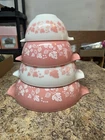 Vintage Pyrex Gooseberry Pink White Cinderella Nesting Bowls Set 441-444