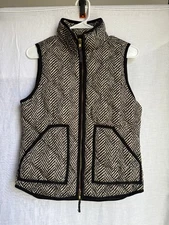 J.Crew Herringbone Down Puffer Vest Women’s XS Black Beige Quilted Zip Front