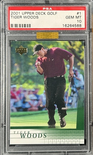 2001 UPPER DECK GOLF TIGER WOODS PSA 10 #1 ROOKIE MBA GOLD DIAMOND with MBA CARD