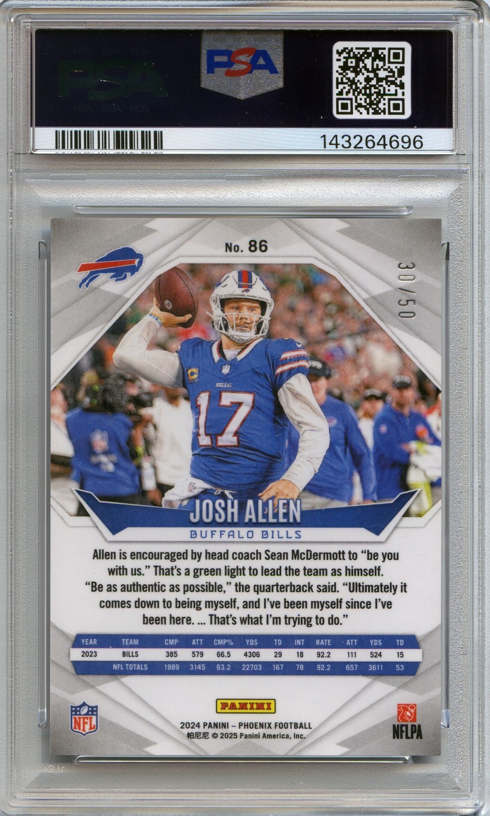 Josh Allen PSA 10 Panini 2024 Phoenix Football True Blue #86 Color Match NFL /50 view 2