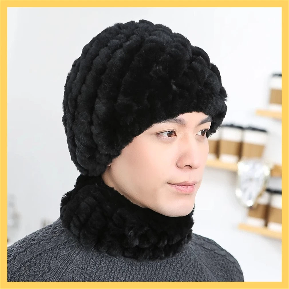100% Real Rabbit Fur Hat and Scarf Thicken Winter Warm Knitted Cap for Men