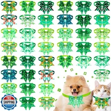 Maitys 40 Pcs St. Patrick's Day Cat and Dog Bow Ties - Adjustable Clover Patt