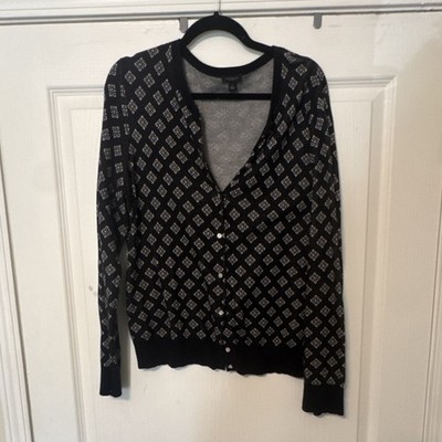 Ann Taylor Factory Black White Geometric V-Neck Long Sleeve Cardigan Sweater XL