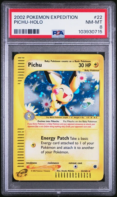 2002 POKEMON EXPEDITION #22 PICHU-HOLO PSA 8