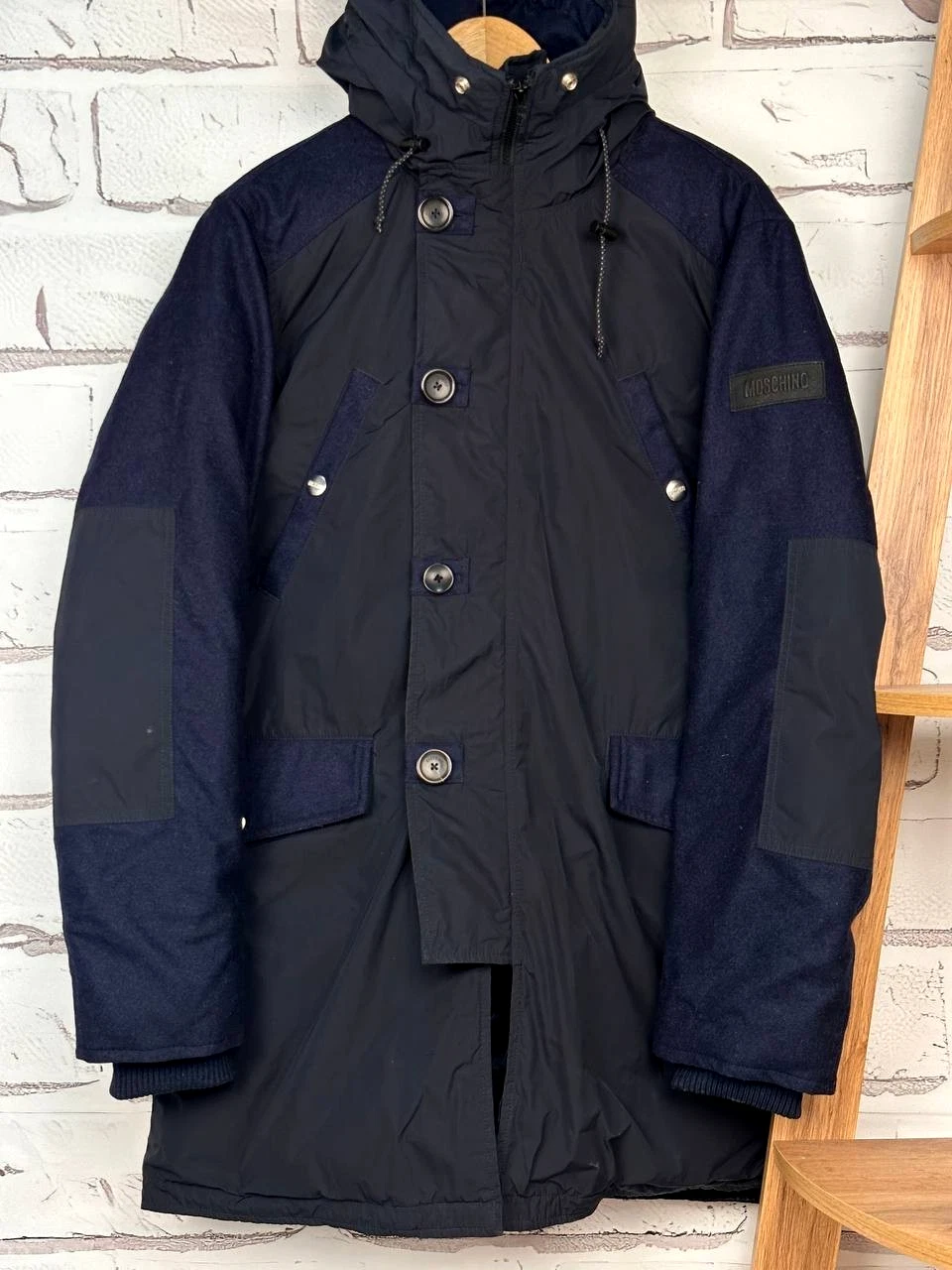 Moschino parka uomo giacca con cappuccio lana nylon piumino imbottito blu navy taglia 50(L)