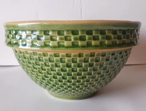 Antique Rare McCoy Yellow Ware Pottery 7.75" Green Checkerboard Med.Mixing Bowl