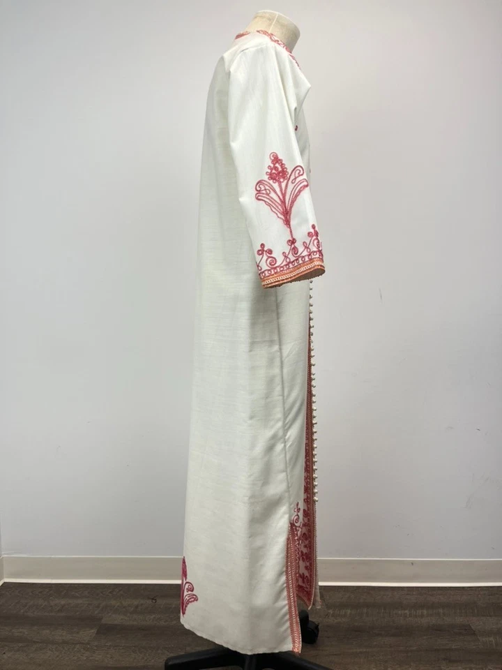 Vestido largo vintage marroquí caftán blanco rojo bordado caftán festival boho Foto 3 de 4