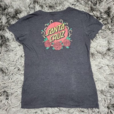NHS Santa Cruz Skateboards Shirt Womens Medium Black Rose Graphic V Neck Floral