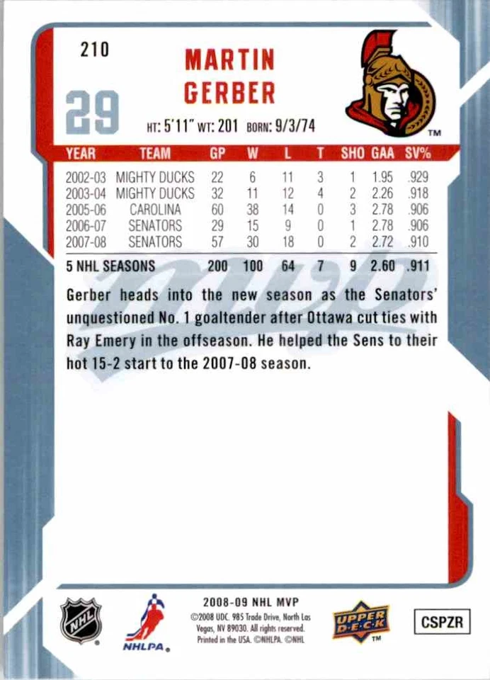 2008-09 Upper Deck MVP Martin Gerber #210 - Image 2 of 2