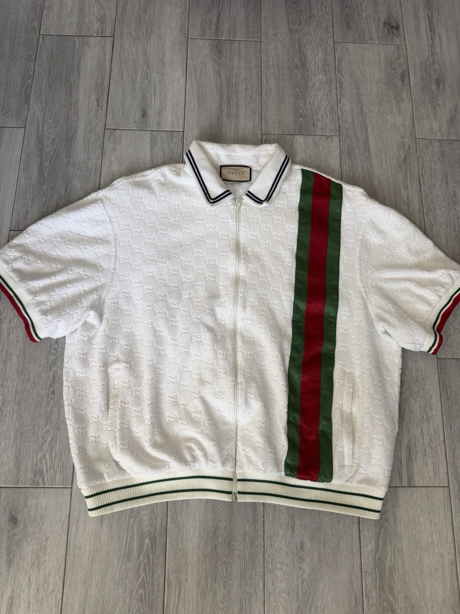 Gucci Jersey Zip-Up Terry Cloth Jacket Shirt With Green Red Web