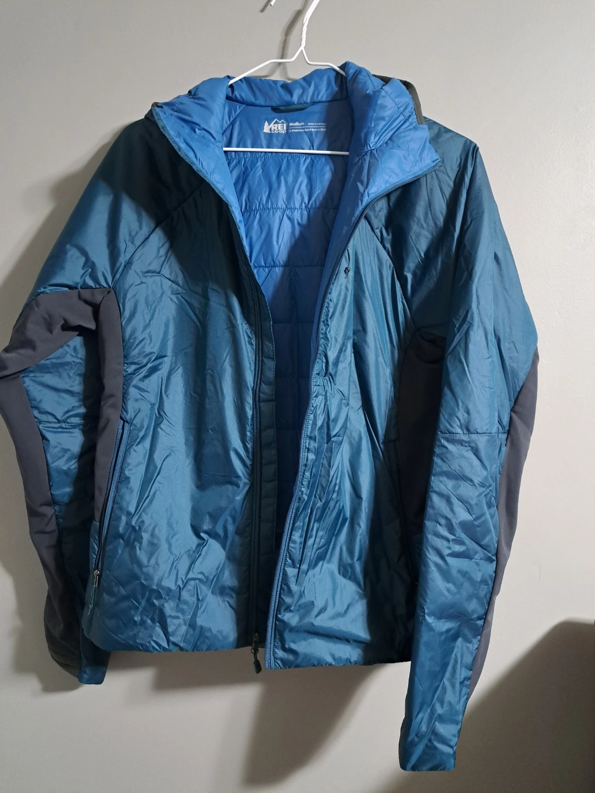 REI Co-op Coat Men's Medium Blue Green Hooded Insulated Jacket With Zipper
