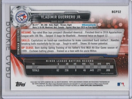 VLADIMIR GUERRERO Jr. ROOKIE CARD 2017 Bowman Chrome MLB RC Toronto Blue Jays - Picture 2 of 2