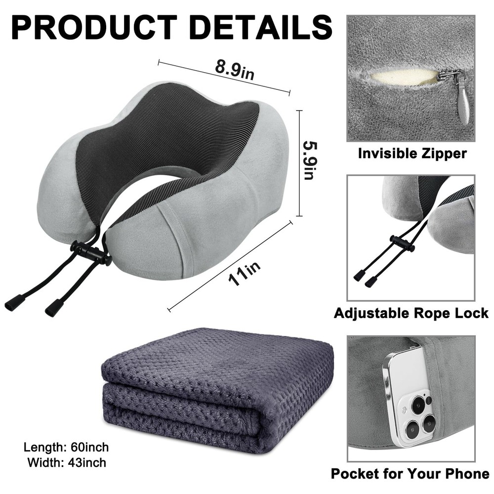 Memory Foam Travel Pillow and Blanket Set for Airplane Comfort Memory Foam Travel Pillow and Blanket Set for Airplane Comfort