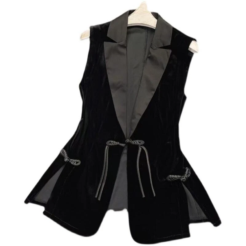 Ladies Retro Velvet Waistcoat Lapel Suit Vest Gilet Ethnic Frog Button Cardigan