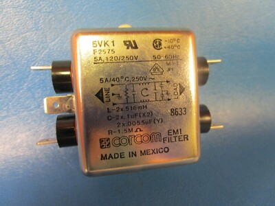 Corcom 5VK1, EMI Filter, F2575, 5A, 120/250V Single Phase Filter
