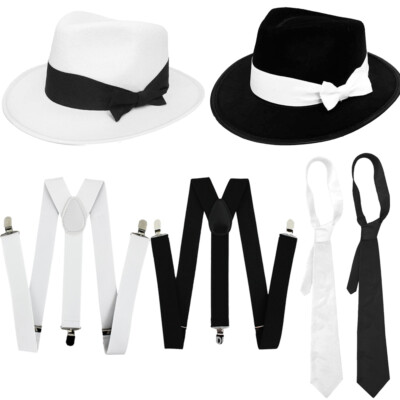 MENS GANGSTER HAT TIE BRACES 1920'S SET FELT TRILBY MAFIA PIMP