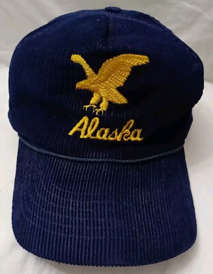 Vintage Mens Trucker Hat Cap Snapback Blue Alaska W Gold Eagle Corduroy ...