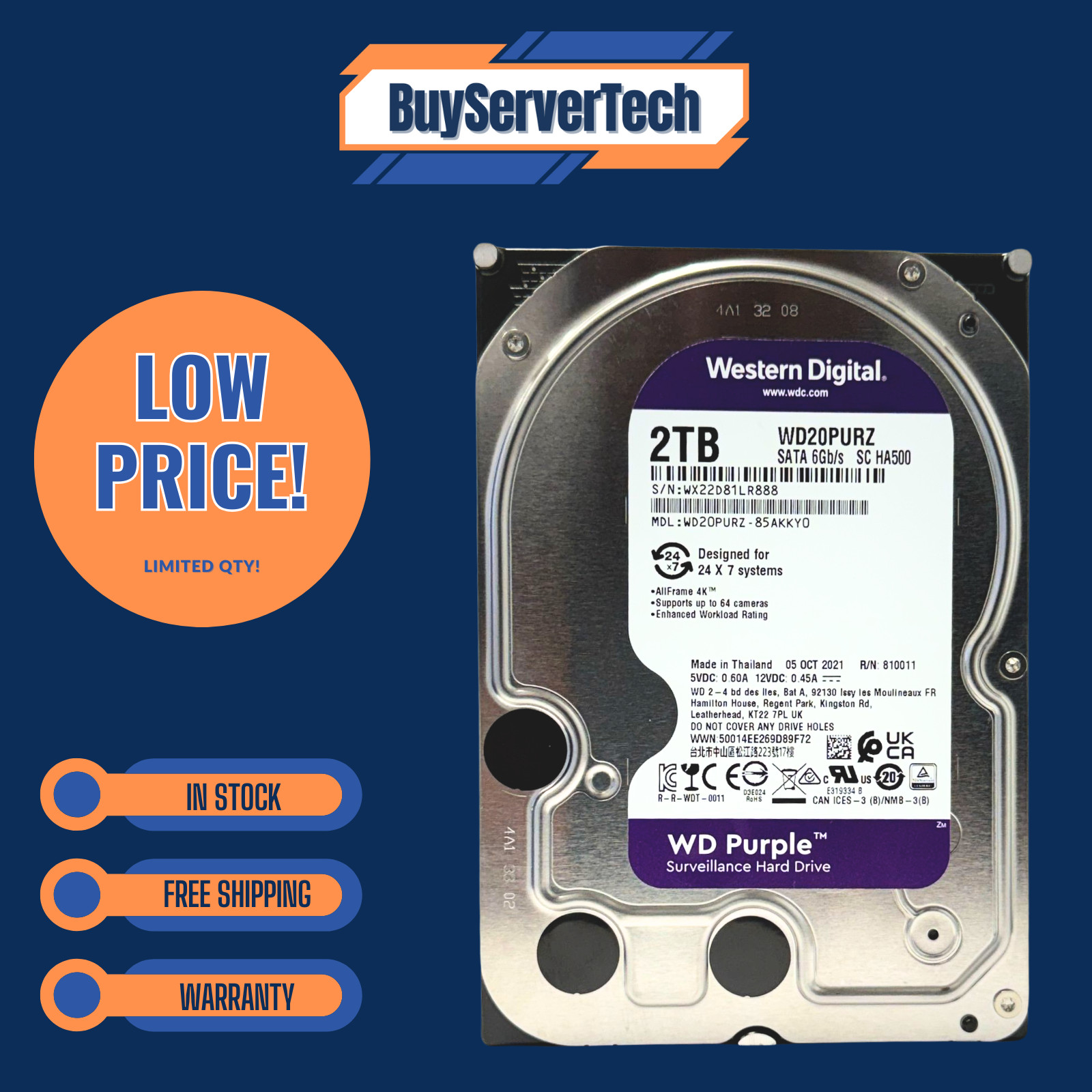 WD Purple 2TB 5400RPM 3.5" SATA HDD WD20PURZ 64MB Cache Surveillance Drive