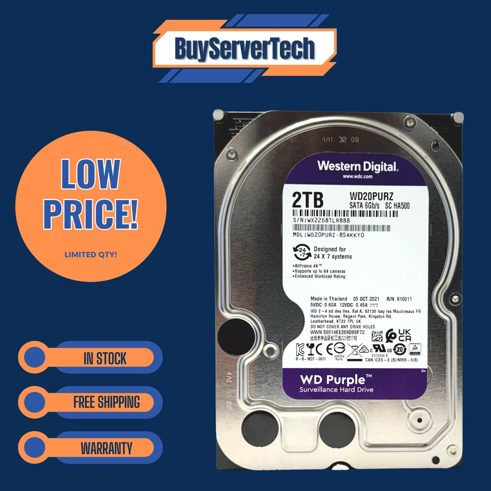 WD Purple 2TB 5400RPM 3.5" SATA HDD WD20PURZ 64MB Cache Surveillance Drive - Image 3 of 4