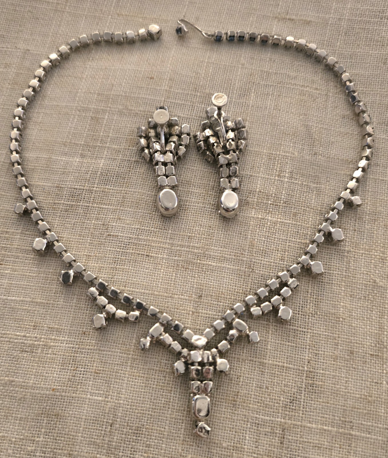 Mid-century Modern Silvertone Blue Rhinestone Bib… - image 2