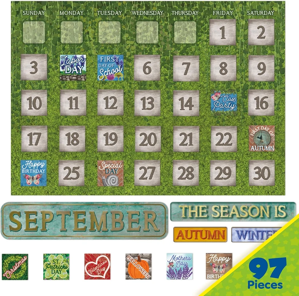 Juego de tablón de anuncios calendario aula jardín Curiosity para profesores, 97 piezas Foto 2 de 4