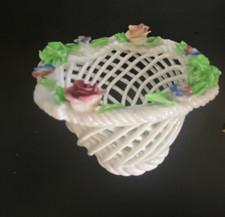 Vintage Denton china flower basket with applied roses 2" / 5cm high reticulated