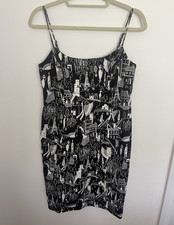 Nine West Black White Graphic Print Slip Dress Scoop Neck Strappy Short 8