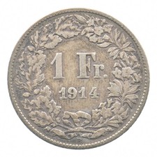 SILVER - Quarter-Sized - 1914 Switzerland 1 Franc - World Silver Coin *262