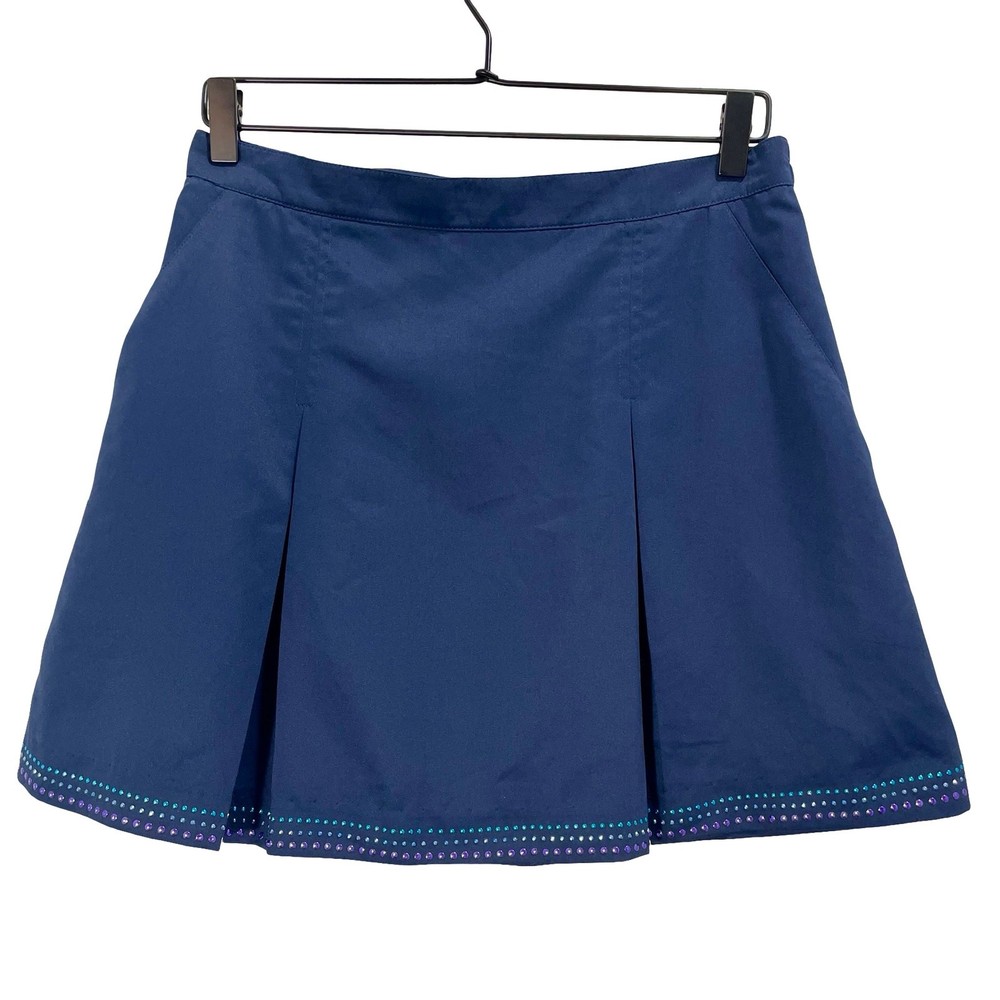 Vintage 80s Navy Blue Pleated Tennis Skirt with Bedazzled Trim Size 14