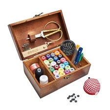 Wooden Sewing Kit Home Repair Embroidery Tool Storage Box Beginners Brown