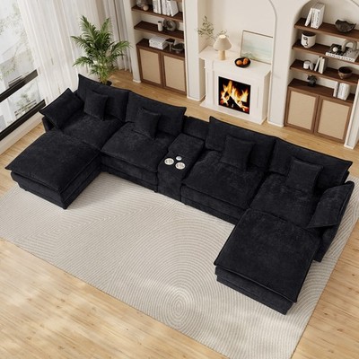 145'' U Shaped Sectional Sofa Chenille Cloud Modular Couch Set W/ Central Console