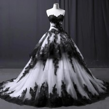 Black And White Wedding Dress Lace Appliques Tiered Vintage Gothic Bridal Gowns