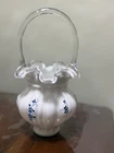 Fenton Milk Glass Silver Crest Elizabeth Basket Hand Painted Blue Flowers Signed