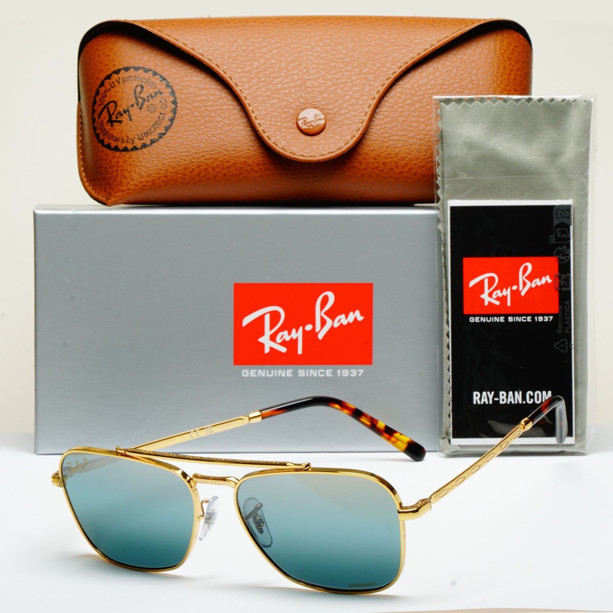 Ray-Ban Sunglasses New Caravan Chromance Gold RB 3636 9196/G6 55mm