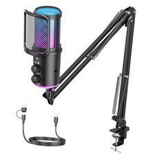 Gaming USB Microphone, Noise Cancellation Condenser Mic with Mute,Boom Black