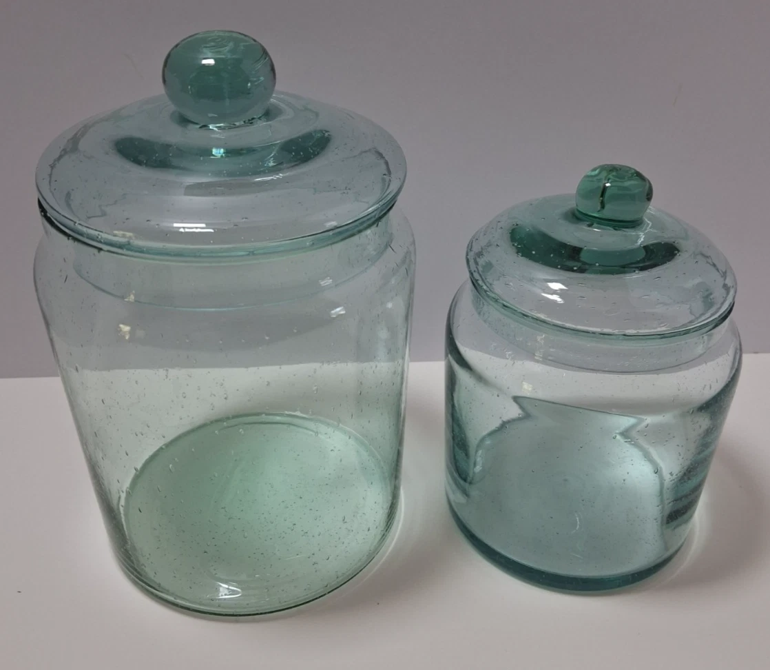 Vintage Handblown Blue Green Glass Apothecary Jars & Lids Medium/Small Set of 2
