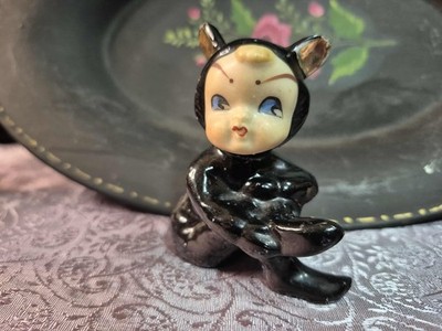 RARE Kewpie Black Cat Pixie Figurine - MCM Elf Miniature Large Ears 1950s Japan