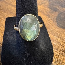 Faceted Labradorite Ring Gold Tone Bezel Set Oval Statement Size 7.5