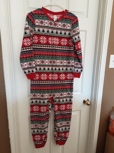 Holiday Flannel Red, White & Green Snowflake Print One-Piece/PJ's Size L 10-12 - Bild 1 von 3