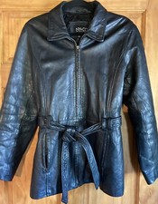 New York & Co Leather Black Mid-length Leather Jacket Women Belted Size M
