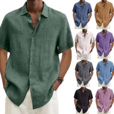 Mens Linen Style Short Sleeve Shirts Button Down Formal Dress Shirt Casual Solid