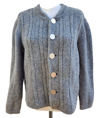 HIRMER Munchen womens gray wool cableknit cardigan SWEATER metal buttons MEDIUM
