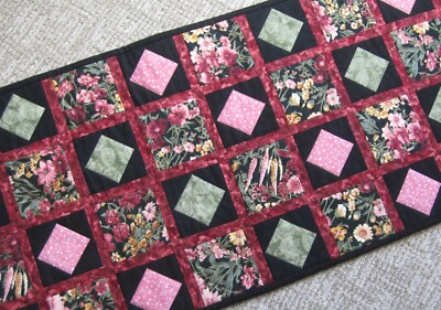 Quilted Table Runner, Handmade, Floral on Black with Square-in-Square alt Block