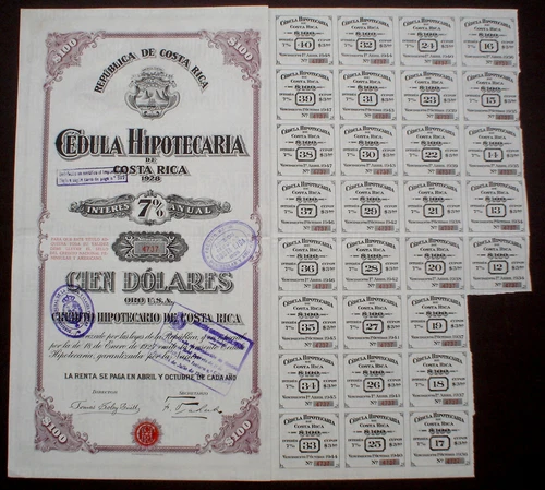 Republica de Costa Rica 7% 100 $ Bond 1928 uncancelled + coupons