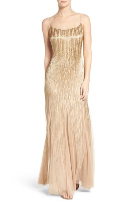 slim fit dress slacks Aidan Mattox Off-The-Shoulder Sequin Beaded Gown