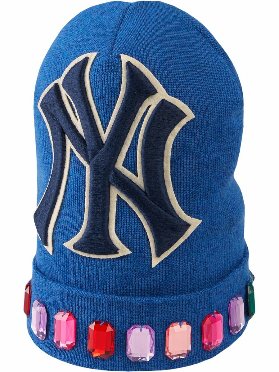 Gucci Black Beanie with Blue Logo and Multicolored Gemstones NWT Gucci NY Yankees Multicolor Jewel Trim Blue Wool Unisex  main image 3